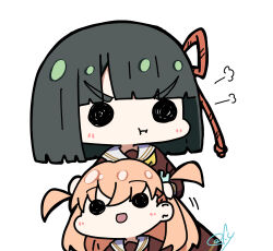  2girls :d :i absurdres blush brown_dress cerise_bouquet chibi chibi_only commentary_request dress hair_ornament hasu_no_sora_school_uniform highres hinoshita_kaho link!_like!_love_live! long_sleeves love_live! momose_ginko multiple_girls neckerchief oofushi_ao open_mouth orange_hair pout puff_of_air rabbit_hair_ornament red_neckerchief sailor_collar sailor_dress school_uniform signature simple_background smile solid_circle_eyes two_side_up virtual_youtuber white_background white_sailor_collar winter_uniform yellow_neckerchief 