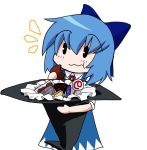  /\/\/\ 1girl :t blue_hair blush cirno dress eating hat ribbon simple_background solo sweets touhou white_background witch_hat |_| 