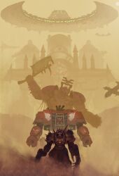  3boys absurdres adeptus_astartes aircraft airplane arm_cannon armor axe battle_axe blood blood_angels blood_on_weapon bolter breastplate cannon chain chain_axe chaos_(warhammer) chaos_space_marine clawed_gauntlets collegia_titanica commentary day dreadnought_(warhammer_40k) dust dust_cloud english_commentary exhaust exhaust_pipe eyes_of_horus_(warhammer_40k) fake_horns fighter_jet from_behind full_armor gauntlets glowing glowing_eyes gun helmet highres holding holding_axe holding_weapon horned_helmet horns imperium_of_man looking_at_viewer mecha military military_vehicle multiple_boys necron outdoors pauldrons power_armor red_eyes robot science_fiction ship shoulder_armor shoulder_cannon sign_of_khorne solo spacecraft spiked_armor spikes standing terminator_armor thefearmaster warhammer_40k watercraft weapon 