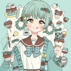  1girl :q blush_stickers border bow bowtie braid braided_hair_rings brown_bow brown_sailor_collar cake cake_slice candy cardigan chocolate closed_mouth commentary earrings eeppa food fork green_border green_bow green_bowtie green_cardigan green_hair grid_background hair_bow hair_ornament hair_rings hand_up heart heart-shaped_chocolate heart-shaped_food heart-shaped_lollipop highres holding holding_food holding_ice_cream ice_cream jewelry lollipop long_sleeves looking_at_viewer macaron open_cardigan open_clothes original outside_border plaid_bow plaid_bowtie plaid_clothes plate sailor_collar shaped_lollipop shirt short_hair smile solo tongue tongue_out twitter_username upper_body watermark white_background white_shirt yellow_eyes 