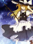  adjusting_hat aoi_(annbi) apron blonde_hair bow braid broom dress frills grin hair_over_one_eye hand_on_hat hat hat_tip kirisame_marisa long_hair night night_sky ribbon sky smile solo standing star_(sky) starry_sky touhou waist_apron witch witch_hat yellow_eyes 