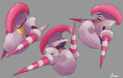  absurdres colored_sclera commentary_request escavalier full_body highres multiple_views no_humans orange_pupils ouran pokemon pokemon_(creature) signature simple_background yellow_sclera 