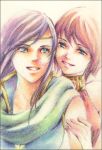  akizuki_isana arm_grab colored_pencil_(medium) faris_scherwiz final_fantasy final_fantasy_v lenna_charlotte_tycoon multiple_girls nanbankan siblings sisters smile traditional_media 