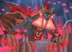  bifurcated_jaw cliff commentary dragon english_commentary gaismagorm glowing halloween highres horns jack-o'-lantern looking_at_viewer monster_hunter_(series) monster_hunter_rise qurio_(monster_hunter) red_eyes red_light swugory21 