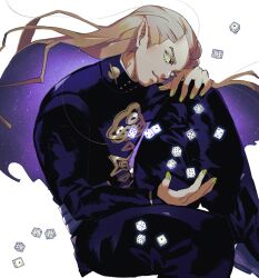  1boy black_jacket black_pants black_shoes closed_mouth colored_inner_hair commentary_request diamond_wa_kudakenai dice eyelashes gakuran green_eyes green_nails hand_on_own_knee hazekura_mikitaka jacket jojo_no_kimyou_na_bouken knee_up long_hair long_sleeves looking_at_viewer male_focus multicolored_hair pants pointy_ears school_uniform shoes simple_background sitting tirauraja very_long_hair white_background 