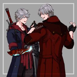  2boys bishounen black_gloves blue_coat blue_eyes coat dante_(devil_may_cry) devil_bringer devil_may_cry_(series) devil_may_cry_4 fingerless_gloves gloves hood jacket male_focus multiple_boys nero_(devil_may_cry) padded_coat pom0w0 red_coat red_queen_(sword) shirt short_hair simple_background sword uncle_and_nephew weapon white_hair 