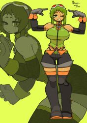  1girl absurdres bare_shoulders belt bent_over black_shorts bone_nigi boots breasts closed_mouth detached_sleeves full_body gloves goggles goggles_on_head green_eyes green_hair green_theme gumi highres large_breasts multiple_views one_eye_closed open_mouth orange_wrist_cuffs pointing pointing_at_self red-tinted_eyewear red_goggles short_hair_with_long_locks shorts sleeveless standing thigh_boots tinted_eyewear vocaloid wrist_cuffs 