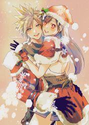  1boy 1girl absurdres backless_outfit black_gloves black_hair black_scarf blonde_hair blue_eyes blue_skirt blush capelet cheek-to-cheek christmas cloud_strife cloud_strife_(holiday_outfit) commentary_request couple cowboy_shot final_fantasy final_fantasy_vii final_fantasy_vii:_ever_crisis fur-trimmed_capelet fur-trimmed_gloves fur-trimmed_headwear fur-trimmed_jacket fur_trim gloves gogochi55 hat hat_ornament heads_together hetero highres holly_hat_ornament jacket long_hair looking_at_viewer miniskirt official_alternate_costume open_mouth pom_pom_(clothes) red_capelet red_eyes red_hat red_jacket santa_hat scarf skirt smile snow snowflakes spiky_hair sweater teeth tifa_lockhart tifa_lockhart_(fairy_of_the_holy_flame) twitter_username upper_teeth_only white_sweater 