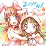  animal_costume animal_ears atelier_(series) atelier_rorona atelier_totori blue_eyes bunny_costume bunny_ears bunnysuit green_hair grey_eyes hug long_hair red_hair redhead rororina_fryxell totooria_helmold voyager_(artist) 