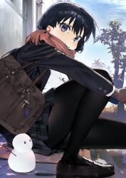  1girl arato_nagi black_jacket black_thighhighs blue_eyes brown_bag brown_gloves brown_shoes commentary_request gloves hair_between_eyes jacket looking_at_viewer mi8pq open_clothes open_jacket outdoors parted_lips red_scarf ruri_no_houseki scarf shirt shoes short_hair sitting snowman solo thigh-highs tree white_shirt 