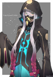  1boy asclepius_(fate) asclepius_(first_ascension)_(fate) black_cloak black_coat black_hood braid cloak coat commentary_request copyright_name cowboy_shot fate/grand_order fate_(series) gradient_hair green_eyes highres long_hair low-braided_long_hair low-tied_long_hair male_focus mask mouth_mask multicolored_hair pink_hair plague_doctor_mask sleeves_past_fingers sleeves_past_wrists solo tofu_(bean359) twitter_username white_hair 