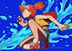  1girl backpack bag bare_arms bare_legs bare_shoulders blue_background blue_eyes blue_shorts closed_mouth commentary from_side full_body highres holding holding_poke_ball misty_(pokemon) on_one_knee orange_hair poke_ball poke_ball_(basic) pokemon pokemon_(anime) pokemon_(classic_anime) profile red_shoes shoes shorts side_ponytail solo suspenders tank_top twitter_username umebosibakari2 water yellow_tank_top 