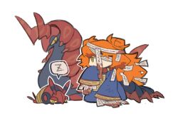  1girl arthropod_girl blue_dress centipede_girl crossover double_bun dress e.g.o_(project_moon) full_body hair_bun hand_up hundred-footed_death_maggot_(e.g.o) ishmael_(project_moon) kgdjeisk limbus_company long_hair ofuda orange_hair pokemon pokemon_(creature) project_moon scolipede sidelocks sleeves_past_fingers sleeves_past_wrists solo speech_bubble venipede very_long_hair zzz 