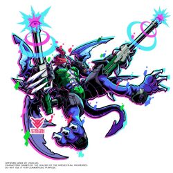  armor artist_logo blue_tail blue_wings commentary digimon digimon_(creature) dragon english_commentary full_body green_armor green_vest gun highres logo no_humans paildramon red_mask simple_background vest vh20/20 weapon white_background white_wings wings 