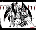  glyph hong_meiling izayoi_sakuya knife monochrome nabeshima_tetsuhiro patchouli_knowledge pose red_eyes remilia_scarlet skull smile spot_color thighhighs throne throwing_knife tongue touhou tray weapon wings 