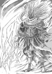  1boy 913kousatu absurdres armor barefoot breastplate cape commentary_request dark_souls_(series) dark_souls_iii full_body greyscale highres long_hair male_focus monochrome nameless_king polearm scarf solo spear standing torn_cape torn_clothes weapon 