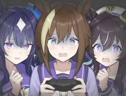  :3 animal_ears beret blue_eyes blue_ribbon blush breasts brown_hair cheval_grand_(umamusume) commentary_request controller ear_covers ears_through_headwear game_controller hair_between_eyes hair_ornament hat hat_belt holding holding_controller holding_game_controller horse_ears horse_girl joystick long_hair looking_at_viewer mole mole_under_eye multicolored_hair multiple_girls nanasedayoxd open_mouth purple_serafuku ribbon school_uniform serafuku siblings single_ear_cover sisters streaked_hair tracen_school_uniform twintails umamusume v_sisters verxina_(umamusume) violet_eyes vivlos_(umamusume) white_hat 