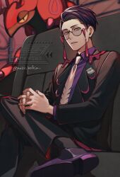  1boy 2f_sq black-framed_eyewear black_hair black_jacket black_pants black_socks bug centipede collared_shirt colored_sclera commentary_request corbeau_(pokemon) crossed_legs eyewear_strap glasses highres jacket long_sleeves looking_at_viewer male_focus mega_stone necktie open_clothes open_jacket pants parted_hair parted_lips pokemon pokemon_(creature) pokemon_legends:_z-a purple_hair purple_shirt round_eyewear scolipede shirt short_hair short_sideburns sitting socks undercut white_necktie yellow_eyes yellow_sclera 