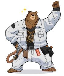  1boy animal_ears arm_up bear_boy bear_ears belly belt_pouch ben_bigger black_tank_top brown_fur chain chain_necklace clenched_hand coat commentary english_commentary fat fat_man full_body furry furry_male hennryk highres jewelry male_focus necklace open_clothes pants plump pouch scar scar_across_eye scar_on_face simple_background solo sparkle tank_top white_background white_coat white_pants zenless_zone_zero 