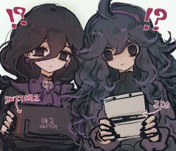  !? 2girls @_@ bags_under_eyes black_dress black_eyes black_hair black_nails commentary_request dress earrings hair_between_eyes hairband handheld_game_console hex_maniac_(pokemon) hex_maniac_(pokemon_legends:_z-a) hex_maniac_(pokemon_xy) highres horimhkw11 jewelry long_hair looking_at_another messy_hair multiple_girls neck_ribbon nintendo_3ds nintendo_switch_2 pokemon pokemon_legends:_z-a pokemon_xy purple_hairband purple_ribbon ribbon simple_background sphere_earrings sweatdrop upper_body white_background 