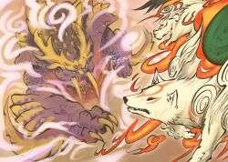  amaterasu_(ookami) animal arm_blade battle capcom claws crossover dragonfire3859 english_commentary fire highres horns long_fangs magnamalo monster monster_hunter_(series) monster_hunter_rise no_humans ookami_(game) shield weapon wolf 