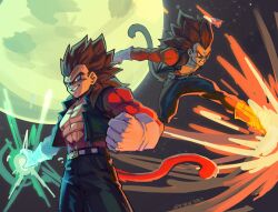  1boy 5t3llar_dbz absurdres black_hair body_fur cropped_vest denim dragon_ball dragon_ball_gt final_shine_attack green_eyes highres jeans long_hair looking_at_viewer male_focus monkey_boy monkey_tail muscular muscular_male no_nipples pants pectorals red_fur saiyan smile spiky_hair super_saiyan super_saiyan_4 tail vegeta vest 