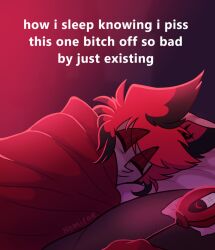  1boy alastor_(hazbin_hotel) animal_ears bed blanket blush closed_eyes deer_boy deer_ears english_text hazbin_hotel hellaverse highres lying meme microphone nomi_(artist) on_side red_hair short_hair sleeping smile 