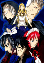  2008 3boys 5girls apron archetype_earth arcueid_brunestud arms_at_sides bandage_on_face bandages bare_shoulders black_hair black_hoodie black_keys_(type-moon) blonde_hair blue_eyes blue_hair blue_skirt breasts ciel_(tsukihime) closed_eyes coat commentary_request detached_sleeves dress dual_persona everyone evil_grin evil_smile expressionless fang fighting_stance floating_hair glass glasses gold_trim grey_hair grin hairband hand_on_own_face hisui_(tsukihime) hood hoodie kohuseigetsu long_hair looking_at_viewer maid maid_apron maid_headdress medium_hair michael_roa_valdamjong multiple_boys multiple_girls nrvnqsr_chaos nun official_alternate_costume open_clothes open_coat purple_skirt red_eyes red_hair ribbon school_uniform shirt short_hair skirt smile smug standing sweater tohno_akiha tohno_shiki tohno_shiki_(2) tsukihime tunic turtleneck turtleneck_sweater vampire white_dress white_hair white_shirt white_sweater wing_collar 