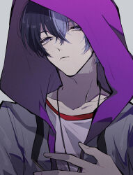  1boy absurdres aoyagi_touya closed_mouth commentary_request grey_background grey_jacket hair_between_eyes highres hood hood_up jacket looking_at_viewer male_focus multicolored_hair nekoma_hikaru project_sekai purple_hood shirt simple_background solo split-color_hair upper_body white_shirt 