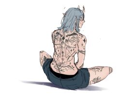  back_focus blue_eyes blue_hair glasses horns smiling_at_viewer tattoos topless 