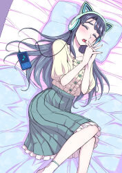  1girl absurdres animal_ear_headphones animal_ears aqua_skirt black_hair cat_ear_headphones cat_ears center_frills closed_eyes commentary_request fake_animal_ears feet_out_of_frame frilled_shirt frills hair_spread_out hands_up head_on_pillow headphones highres interlocked_fingers listening_to_music long_hair lying mp3_player on_bed on_side open_mouth original own_hands_together pillow pleated_skirt shirt shirt_tucked_in skirt solo tatsubon yellow_shirt 