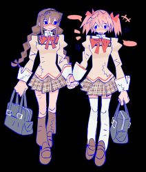 2girls akemi_homura bag black_bag black_hair black_hairband blank_speech_bubble bow bowtie braid couple full_body glasses hairband highres holding holding_bag holding_hands jaysoysaucee kaname_madoka looking_at_another mahou_shoujo_madoka_magica mahou_shoujo_madoka_magica_(anime) mitakihara_school_uniform multiple_girls open_mouth pink_hair plaid_clothes plaid_skirt puffy_sleeves red-framed_eyewear red_bow red_bowtie school_uniform short_twintails skirt speech_bubble thigh-highs twin_braids twintails white_thighhighs yuri 