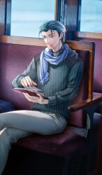  1boy blue_hair blue_scarf book closed_mouth commentary_request eating fate/grand_order fate_(series) food game_cg green_eyes green_sweater holding holding_book long_sleeves male_focus mouth_hold official_art pants photo_background reading scarf sherlock_holmes_(fate) short_hair sitting smile solo sweater third-party_source train_interior white_pants yamanaka_kotetsu 