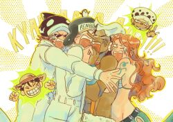  ! !! 1girl 5boys ^_^ arm_tattoo avaxxah bikini bikini_top_only black_hair blank_eyes closed_eyes commentary crying earrings english_commentary facial_hair goatee hat headphones highres holding_hands jewelry jumpsuit long_hair long_nose monkey_d._luffy multiple_boys nami_(one_piece) one_piece orange_hair penguin_(one_piece) scar scar_on_face shachi_(one_piece) smile straw_hat sunglasses swimsuit tattoo tears trafalgar_law usopp white_hat white_jumpsuit 