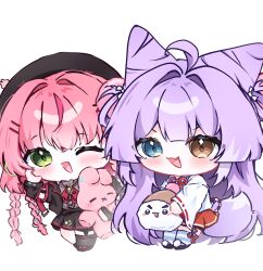  2girls ahoge beanie beret black_hat black_jacket blue_eyes blush bow bowtie brooch brown_eyes chibi chibi_only commentary_request cone_hair_bun creature double_bun furisode_sleeves green_eyes grey_shirt hair_bun hair_intakes hair_ornament hair_rings hairclip hanako_nana hand_on_own_cheek hand_on_own_face hand_up hat heterochromia highres holding holding_stuffed_toy immunumi inari_(tenko_shibuki) jacket jewelry korean_commentary kosode long_hair long_sleeves multiple_girls one_eye_closed open_clothes open_jacket open_mouth parallel_hairclips peto_(hanako_nana) pink_hair pom_pom_(clothes) pom_pom_beanie pom_pom_hair_ornament purple_hair red_bow red_bowtie red_skirt shirt simple_background skirt smile stellive striped_clothes striped_thighhighs stuffed_animal stuffed_rabbit stuffed_toy tenko_shibuki thigh-highs very_long_hair virtual_youtuber white_background white_jacket 