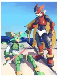  2boys absurdres armor black_hair blonde_hair commentary_request energy_sword facial_mark forehead_jewel green_armor green_eyes green_helmet helmet highres holding holding_sword holding_weapon long_hair male_focus mega_man_(series) mega_man_zero_(series) mega_man_zero_1 multiple_boys omochi_(mochi_skymega) red_armor red_helmet sage_harpuia_(mega_man) standing sword weapon z_saber zero(z)_(mega_man) zero_(mega_man) 