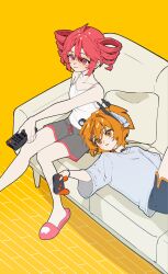 2girls a.i._voice absurdres adachi_rei alternate_costume controller couch drill_hair game_controller grey_shorts highres holding holding_controller holding_game_controller holding_remote_control kasane_teto lying multiple_girls on_couch orange_eyes orange_hair pink_slippers red_eyes red_hair remote_control senri_(hrydy_o) shirt shorts sitting sleeveless sleeveless_shirt slippers spaghetti_strap t-shirt twin_drills twintails utau white_shirt