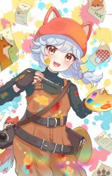  1girl :3 :d animal_ear_headwear animal_ears applique2828 beanie belt belt_buckle black_belt black_gloves black_shirt braid brown_eyes brown_overalls buckle commentary_request cowboy_shot drawing_(object) fake_animal_ears fang fingerless_gloves fortnite fox_ears gloves hair_between_eyes hat highres holding holding_paint_palette holding_paintbrush kala_(fortnite) long_hair long_sleeves looking_at_viewer open_mouth orange_hat overalls paint paint_on_clothes paint_palette paint_splatter paint_splatter_on_face paintbrush shirt single_braid smile solo sparkle turtleneck white_hair 