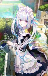  1girl apron black_shirt black_skirt blue_hair bush commentary_request day highres holding holding_watering_can lize_helesta looking_at_viewer maid maid_apron maid_headdress multicolored_hair nijisanji outdoors pool rei_(farta_litia) shirt skirt smile streaked_hair twintails violet_eyes virtual_youtuber watering watering_can white_hair 