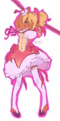  animal_ears antlers blonde_hair bow bridal_legwear commentary cosplay dear_girl deer_antlers deer_ears deltarune dress dress_bow foxtailedfennec furry furry_female gloves hair_over_one_eye highres holding hooves horns kaname_madoka kaname_madoka_(cosplay) magical_girl mahou_shoujo_madoka_magica noelle_holiday pink_dress puffy_short_sleeves puffy_sleeves short_sleeves signature smile twintails utdr_(toby_fox) white_gloves yellow_dress 