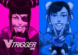  2girls archived_source arm_up artist_name biker_clothes bikesuit blue_theme blunt_bangs bodysuit bracelet china_dress chinese_clothes chun-li commentary_request cover cover_page double_bun doujin_cover dress drill_hair earrings efd english_text evil_smile eyepatch fingerless_gloves gloves grin hair_bun hair_horns hair_ornament han_juri inward_v jewelry korean_commentary looking_at_viewer multiple_girls nail_polish padded_gloves puffy_short_sleeves puffy_sleeves purple_theme short_sleeves sidelocks smile spiked_bracelet spikes straight-on street_fighter street_fighter_v teeth title twin_drills v v_over_mouth variant_set 