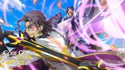  1boy aura bangs_pinned_back bismarck_waldstein black_gloves blue_sky cape clouds code_geass code_geass:_lost_stories commentary_request day embers english_commentary f4samurai facial_hair fighting_stance forehead galahad_(code_geass) game_cg geass gem gloves glowing glowing_eyes goatee grey_eyes grey_hair happy heterochromia holding holding_sword holding_weapon jacket knights_of_the_round_uniform leaning_forward long_sleeves male_focus mecha military_uniform official_art open_mouth outdoors pink_eyes purple_gemstone red_gemstone robot short_hair sky smile solo standing sword teeth two-handed two-sided_cape two-sided_fabric weapon white_cape white_jacket 