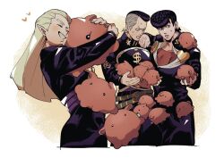  3boys belt black_jacket blonde_hair commentary_request cropped_legs diamond_wa_kudakenai dollar_sign eyelashes grin hazekura_mikitaka heart higashikata_josuke holding hug jacket jojo_no_kimyou_na_bouken male_focus multiple_belts multiple_boys nijimura_okuyasu pointy_ears pompadour smile stuffed_animal stuffed_octopus stuffed_toy tirauraja too_many umbrella_octopus undercut yen_sign 