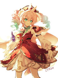  1girl aqua_bow aqua_bowtie aqua_eyes aqua_hair artist_name bare_legs bow bowtie breasts cat_princess commentary_request dress drill_hair feet_out_of_frame gradient_hair hat honkai:_star_rail honkai_(series) hyacine_(honkai:_star_rail) long_hair long_sleeves looking_at_viewer medium_hair multicolored_hair open_hand pantyhose pink_hair red_dress red_hat signature simple_background small_breasts solo standing twin_drills twintails two-tone_hair white_background white_pantyhose wing_hat_ornament 