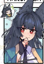  1girl animal_ear_fluff animal_ears aqua_jacket black_gloves black_hair black_necktie blue_background blush chibi closed_mouth commentary eating english_commentary fingerless_gloves floral_print food fox_ears fox_girl fruit gloves hand_on_own_chin hand_up highres hoshimi_miyabi jacket long_hair looking_at_viewer melon necktie portrait red_eyes shirt smile solo speech_bubble sshooooe thought_bubble white_shirt zenless_zone_zero 