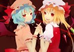  bad_id bat_wings blue_hair fang flandre_scarlet hand_holding hands_clasped hat highres holding_hands interlocked_fingers multiple_girls red_eyes remilia_scarlet siblings side_ponytail sisters touhou towa1 wings 