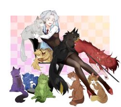  1girl absurdres angela_(project_moon) animal animalization binah_(project_moon) black_cat black_skirt black_vest blue_cat blue_hair brown_cat brown_pantyhose cat chair checkered_background chesed_(project_moon) collared_shirt commentary curtained_hair full_body gebura_(project_moon) gradient_hair green_cat grey_cat grey_hair high_heels highres hod_(project_moon) hokma_(project_moon) leaning_on_object lobotomy_corporation long_hair looking_down malkuth_(project_moon) multicolored_hair multiple_cats necktie nervous netzach_(project_moon) on_chair one_side_up open_mouth pantyhose pencil_skirt project_moon purple_cat red_cat red_necktie red_shoes shirt shoes signature sitting skirt suyapuya sweat symbol-only_commentary tiphereth_a_(project_moon) too_many too_many_cats vest white_shirt wide-eyed yellow_cat yellow_eyes yesod_(project_moon) 