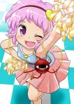  alternate_costume checkered checkered_floor cheerleader eyeball hairband heart highres ishikkoro komeiji_satori purple_eyes purple_hair short_hair solo sparkle third_eye touhou violet_eyes wink 