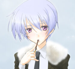  1girl black_necktie blue_hair blush chaos;head coat collared_shirt commentary_request dress_shirt food food_in_mouth fur-trimmed_coat fur_trim green_coat hair_between_eyes holding holding_food holding_pocky kishimoto_ayase long_sleeves looking_at_viewer necktie pocky pocky_in_mouth robber-krzk science_adventure shirt short_hair solo upper_body violet_eyes 