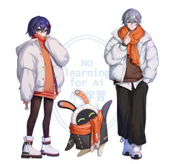  1boy 1girl absurdres adjusting_clothes bangboo_(zenless_zone_zero) belle_(zenless_zone_zero) black_pants blue_hair blush brother_and_sister brown_pantyhose brown_sweater closed_mouth commentary crossed_bangs english_commentary eous_(zenless_zone_zero) green_eyes grey_hair hair_between_eyes hair_ornament hand_in_pocket highres jacket letter_hair_ornament looking_at_viewer open_clothes orange_scarf orange_sweater pants pantyhose parted_lips scarf shoes siblings simple_background smile sweater turtleneck turtleneck_sweater watch watch white_background white_jacket white_shoes wise_(zenless_zone_zero) yger zenless_zone_zero 